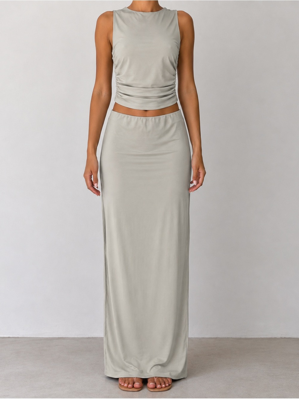 Light Tan Sleeveless Crop Top & Maxi Skirt Set